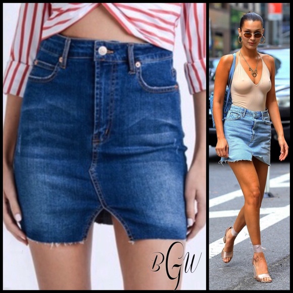 🌺🆕High Waisted Denim Skirt Frayed Hem - Picture 1 of 7